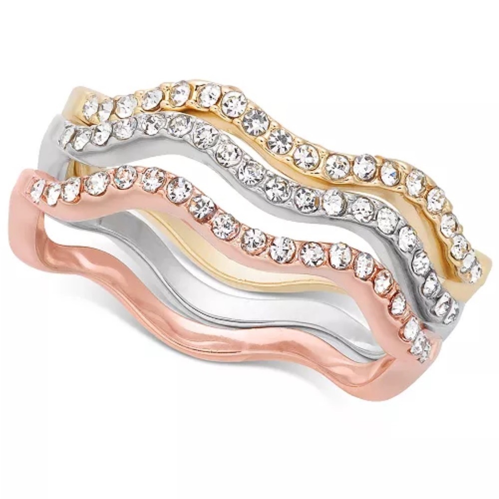 Charter Club Tri-Tone Silver, Gold Plated, 18K Rose Gold Plated Pavé Wavy Rings